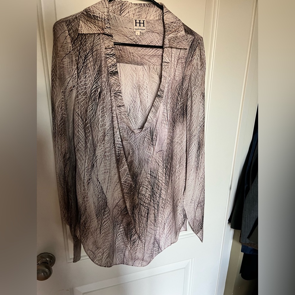 Haute Hippie Printed Silk Scoop Neck Long Sleeve Tunic Top L